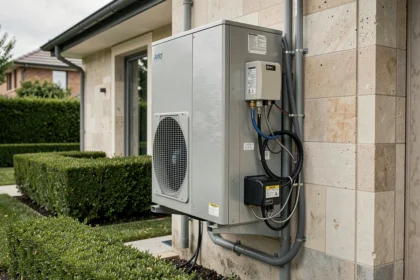 Pompe à chaleur air-eau installée en extérieur sur la façade d'une maison individuelle moderne