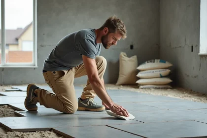 Artisan posant du carrelage gris grand format dans un salon en rénovation, avec truelle et colle à carrelage