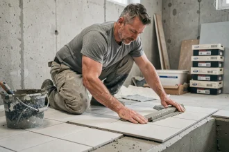 Carreleur posant du carrelage grand format dans une salle de bain en rénovation, avec mortier-colle et outils professionnels