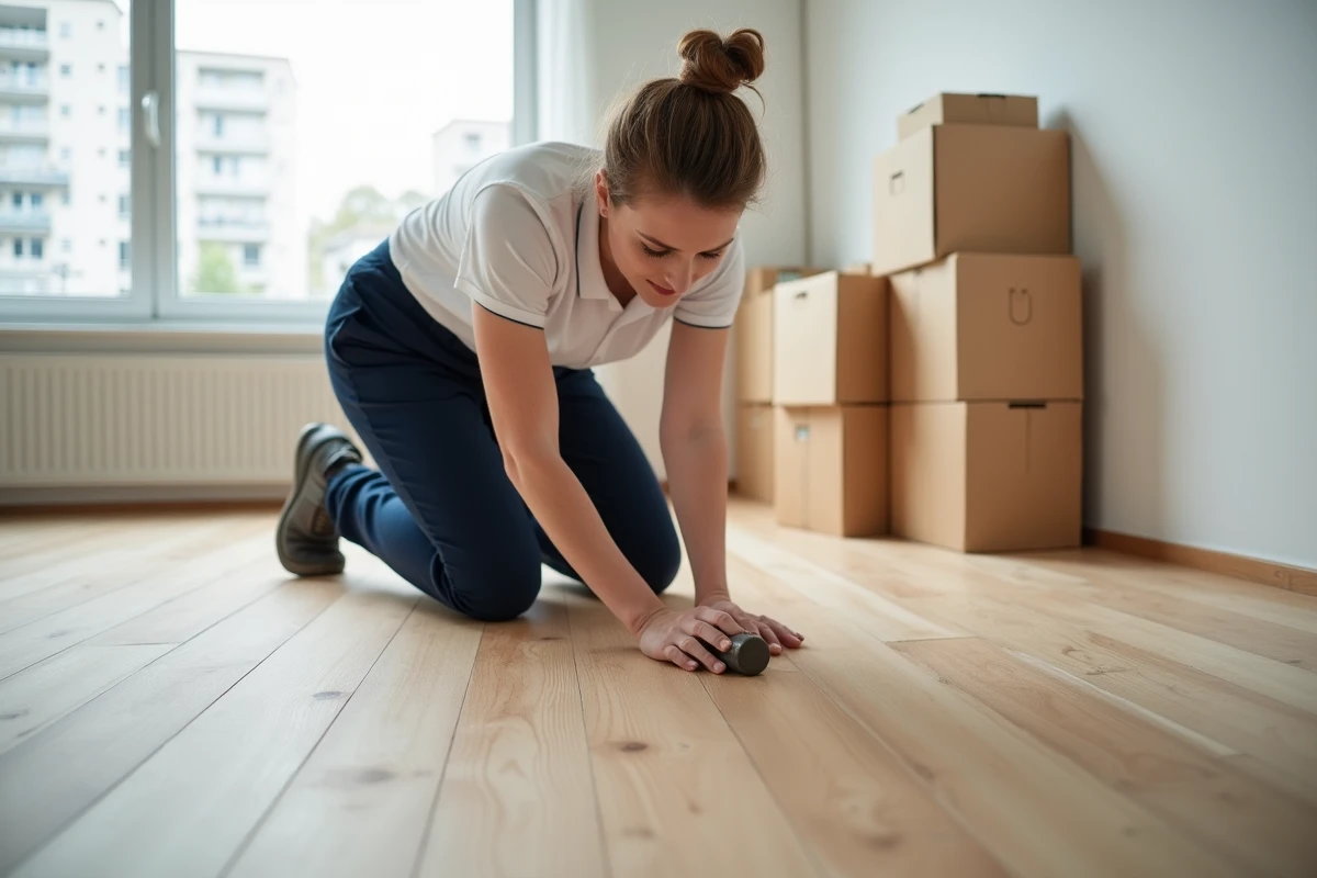 Spécialiste féminine posant du parquet chêne clair dans une chambre d'appartement moderne avec maillet en caoutchouc