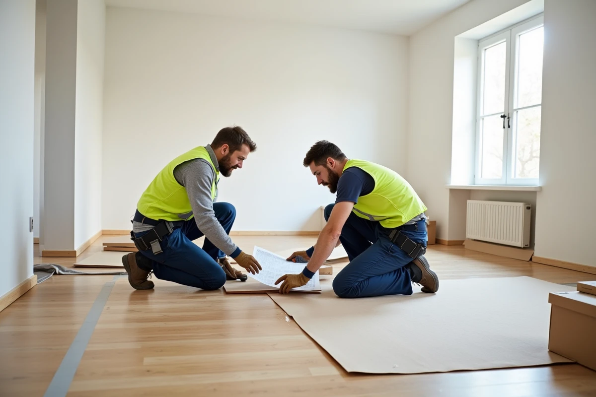 Deux ouvriers posant un parquet en bois dans une pièce en cours de rénovation résidentielle