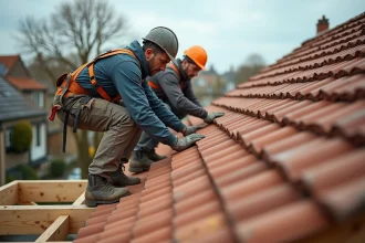 Deux charpentiers professionnels posant des tuiles en terre cuite sur la charpente d'une maison de 100m2