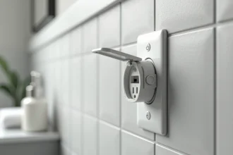 Prise de courant étanche avec couvercle de protection installée sur un mur de carrelage gris dans une salle de bains moderne