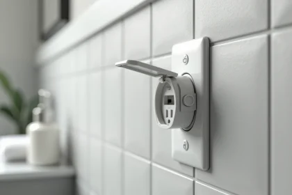 Prise de courant étanche avec couvercle de protection installée sur un mur de carrelage gris dans une salle de bains moderne