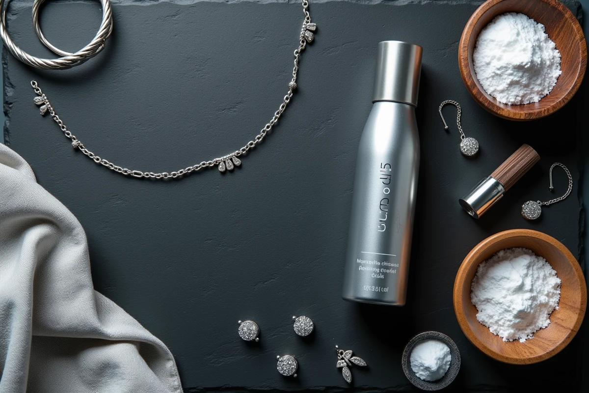 Présentation de produits nettoyants pour bijoux en argent avec brosse, tissu et solution liquide sur ardoise