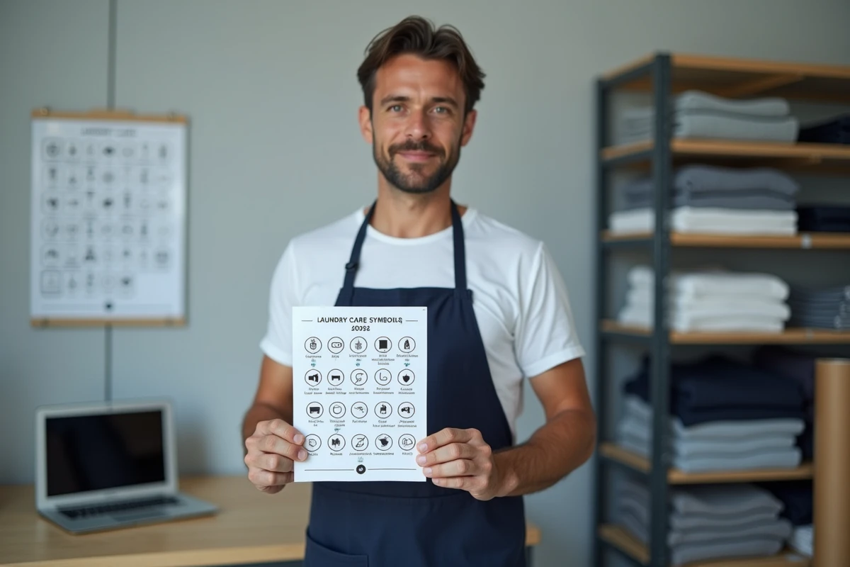 Professionnel du textile tenant une fiche de référence des nouveaux pictogrammes lessive 2026 dans un atelier de contrôle qualité