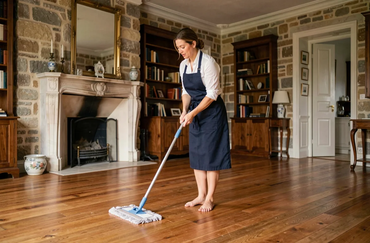 Professionnelle de ménage utilisant une serpillière microfibre dans un salon traditionnel en Lorraine