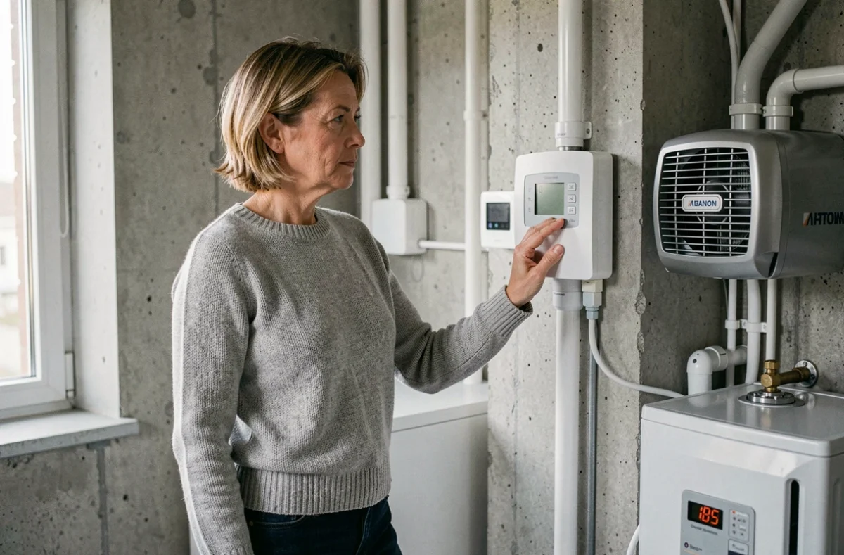 Propriétaire examinant le panneau de contrôle d'une pompe à chaleur triphasée dans une chaufferie moderne