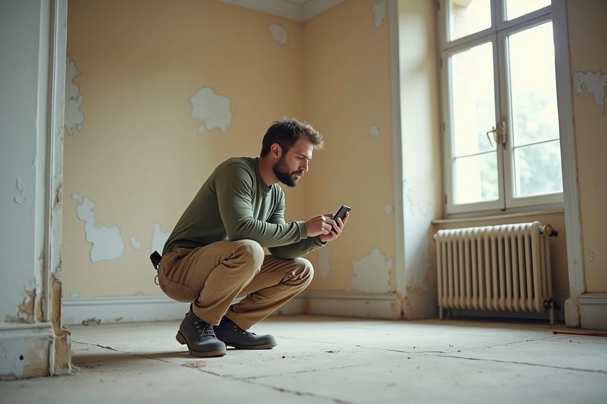 Propriétaire masculin inspectant des dégâts muraux avec son smartphone dans un appartement vide en cours de rénovation