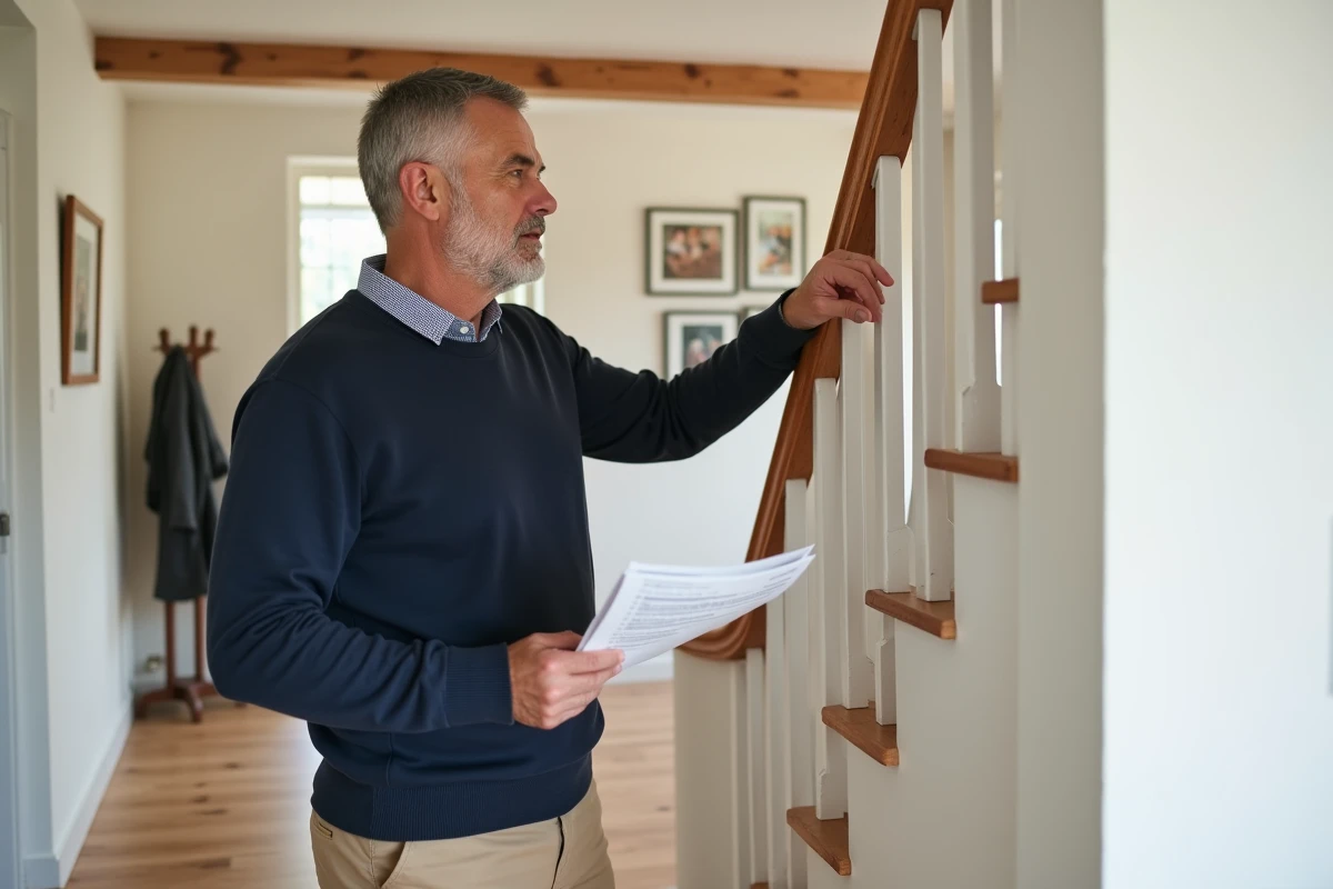 Propriétaire vérifiant la conformité de l'escalier de sa maison individuelle avec la réglementation NF P01-012