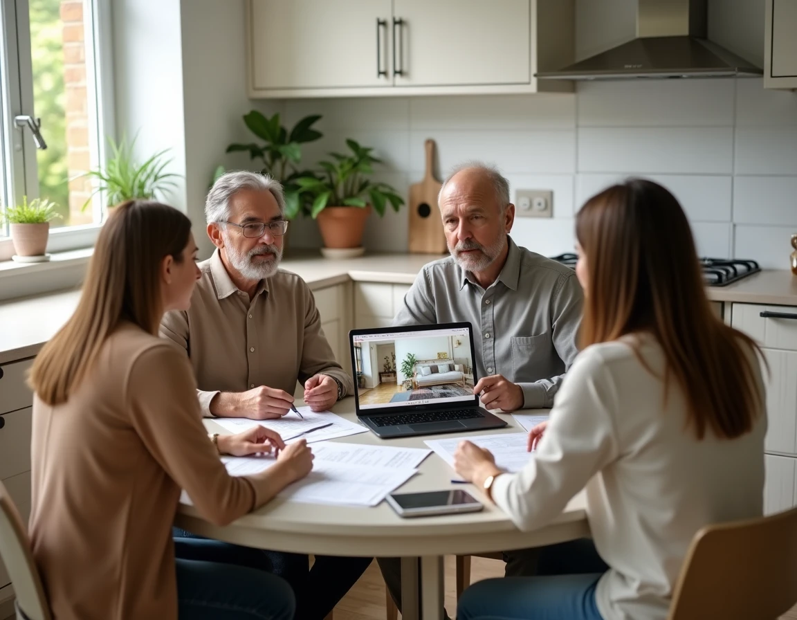 Couple de propriétaires discutant d'un devis de home staging avec une décoratrice avant la mise en vente de leur maison