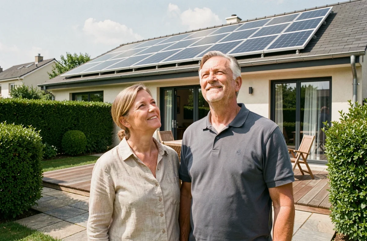 Couple de propriétaires français observant leurs panneaux solaires nouvellement installés