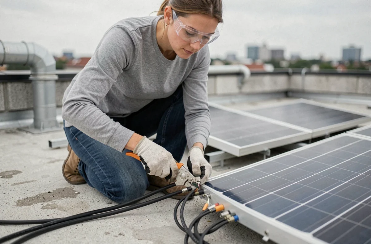 Technicienne raccordant les câbles électriques de panneaux solaires photovoltaïques sur un toit plat urbain