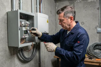 Électricien raccordant les câbles d'un panneau solaire à un onduleur dans une salle technique résidentielle