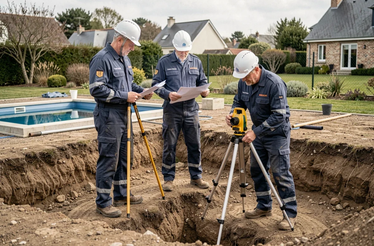 Équipe de la société RCCB sur un chantier d'excavation pour piscine dans un jardin résidentiel des Côtes-d'Armor, coordonnant les travaux de terrassement