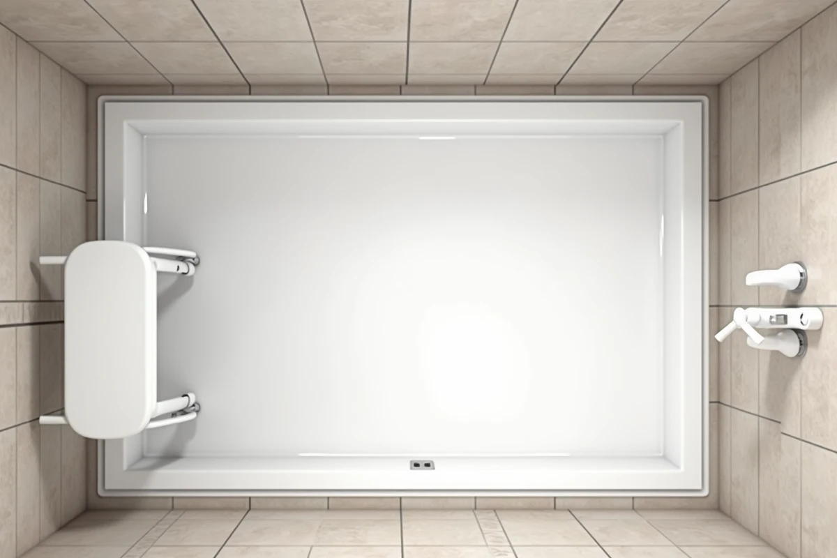 Vue aérienne d'un receveur de douche PMR de 120x80 cm de plain-pied avec siège rabattable et barre de maintien