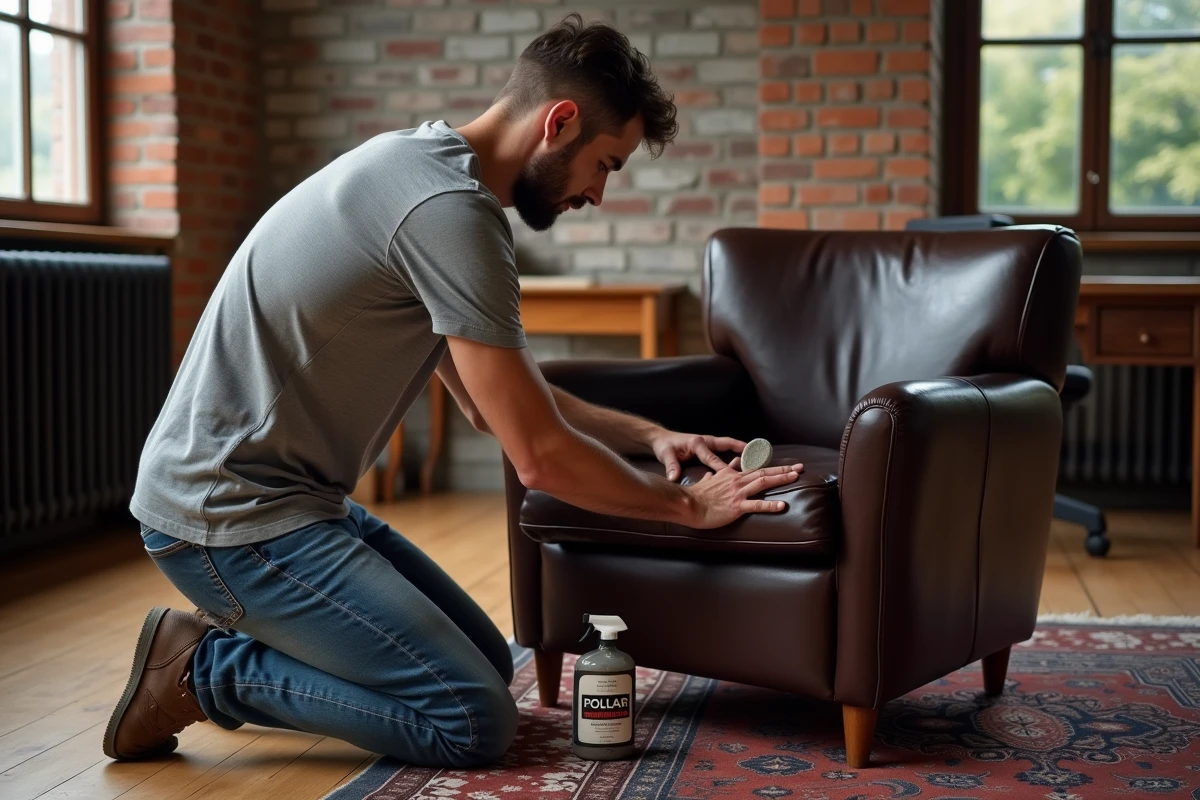Homme entretenant un fauteuil en cuir marron foncé avec un produit POLILAR dans un bureau à domicile