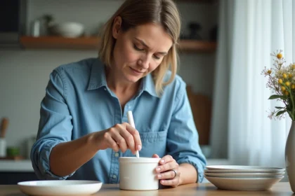 Femme appliquant de la colle sur un couvercle cassé de boîte plastique