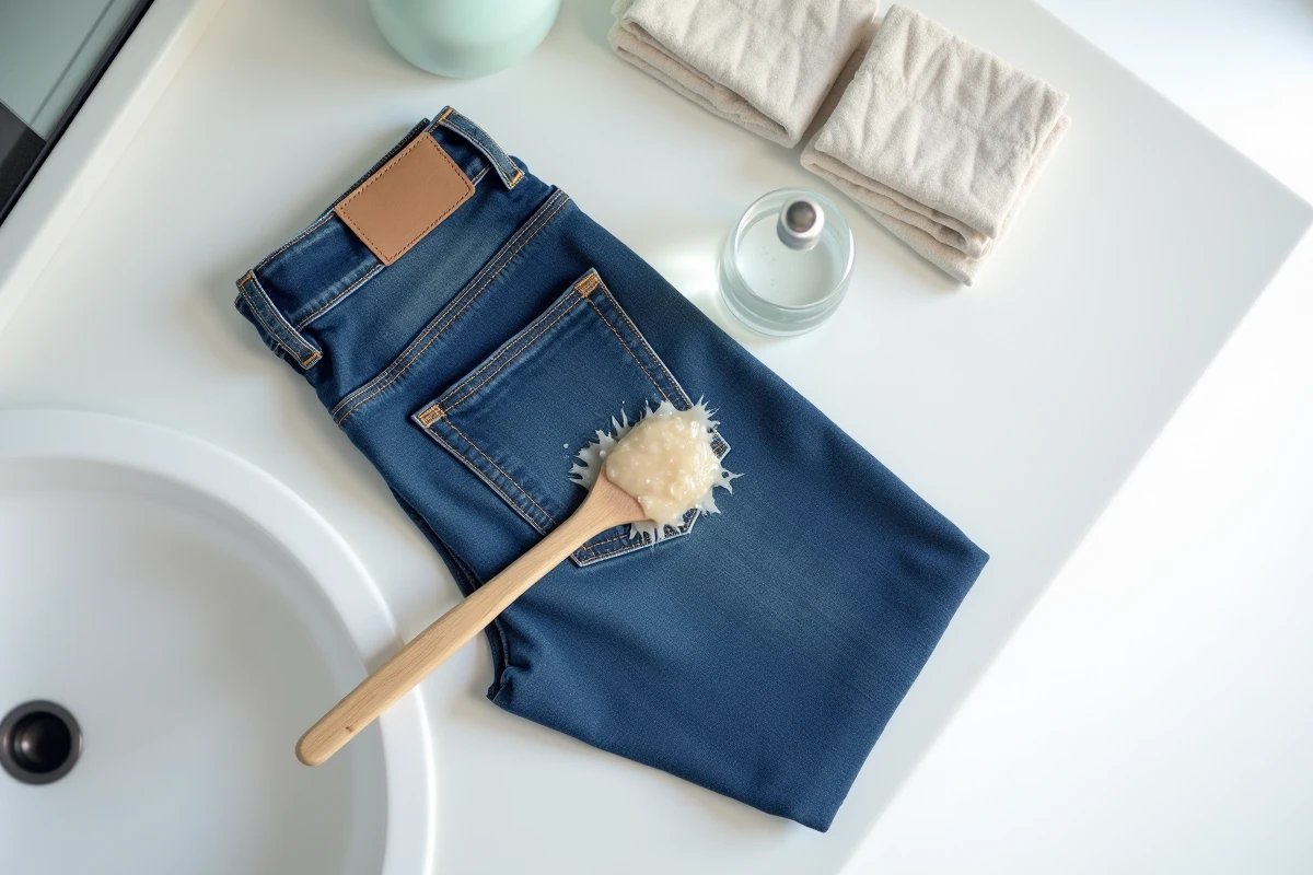 Jean posé à plat avec une spatule et un produit détachant pour enlever un chewing gum collé sur le tissu denim