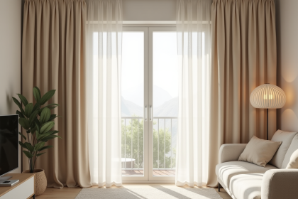 Rideaux en lin beige élégants dans un salon lumineux