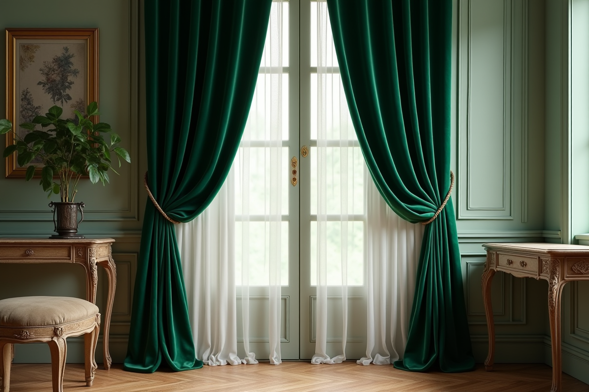 Rideaux en velours vert émeraude dans un intérieur classique
