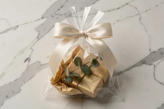 Sac cadeau transparent en PVC épais avec ruban satiné ivoire posé sur un comptoir en marbre blanc, contenant un emballage doré et de l'eucalyptus séché