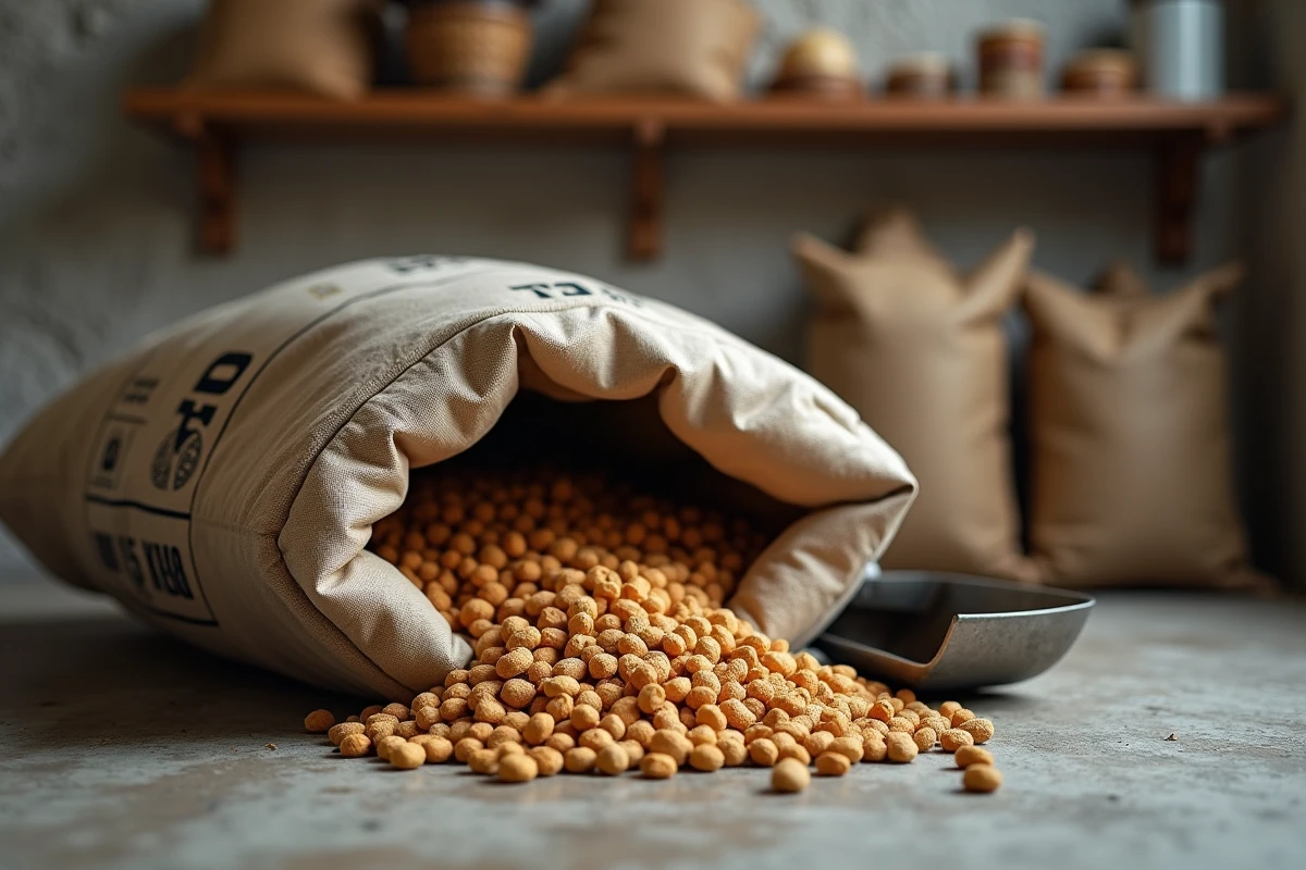 Sac de pellets de bois ouvert avec granulés épars sur un sol de chaufferie domestique