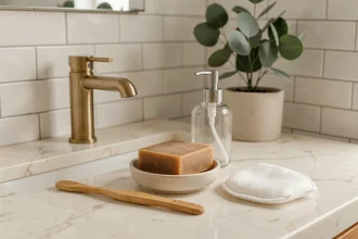 Comptoir de salle de bain zéro déchet avec brosse à dents en bambou, savon solide et distributeur en verre sur marbre