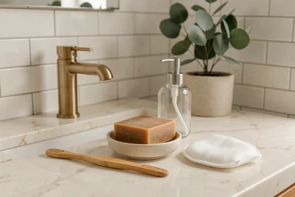 Comptoir de salle de bain zéro déchet avec brosse à dents en bambou, savon solide et distributeur en verre sur marbre