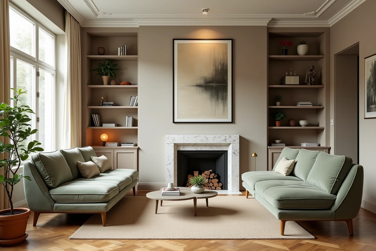 Salon décoré avec soin après un projet d'aménagement intérieur professionnel dans un appartement à Lille avec parquet en chêne et canapé en velours sauge