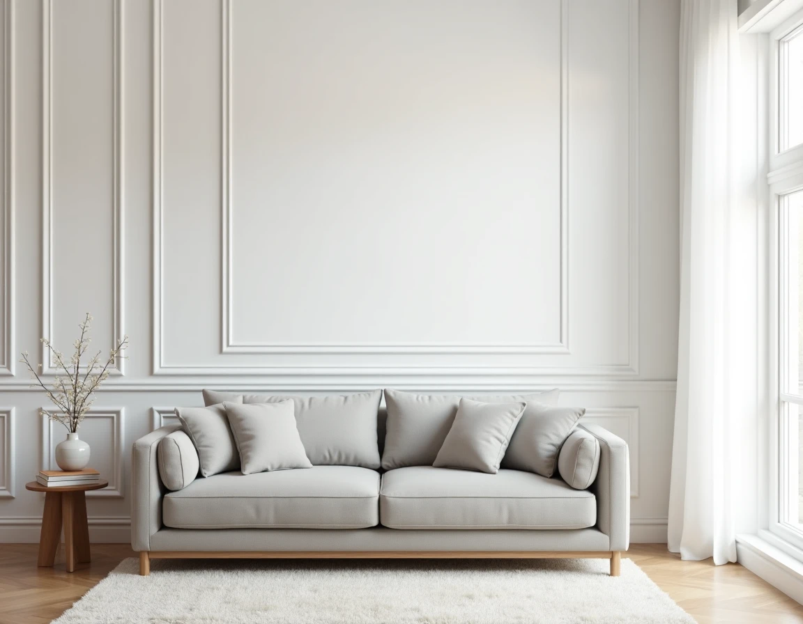 Salon entièrement réaménagé en home staging avec mobilier neutre et décoration épurée pour maximiser l'attractivité avant une vente