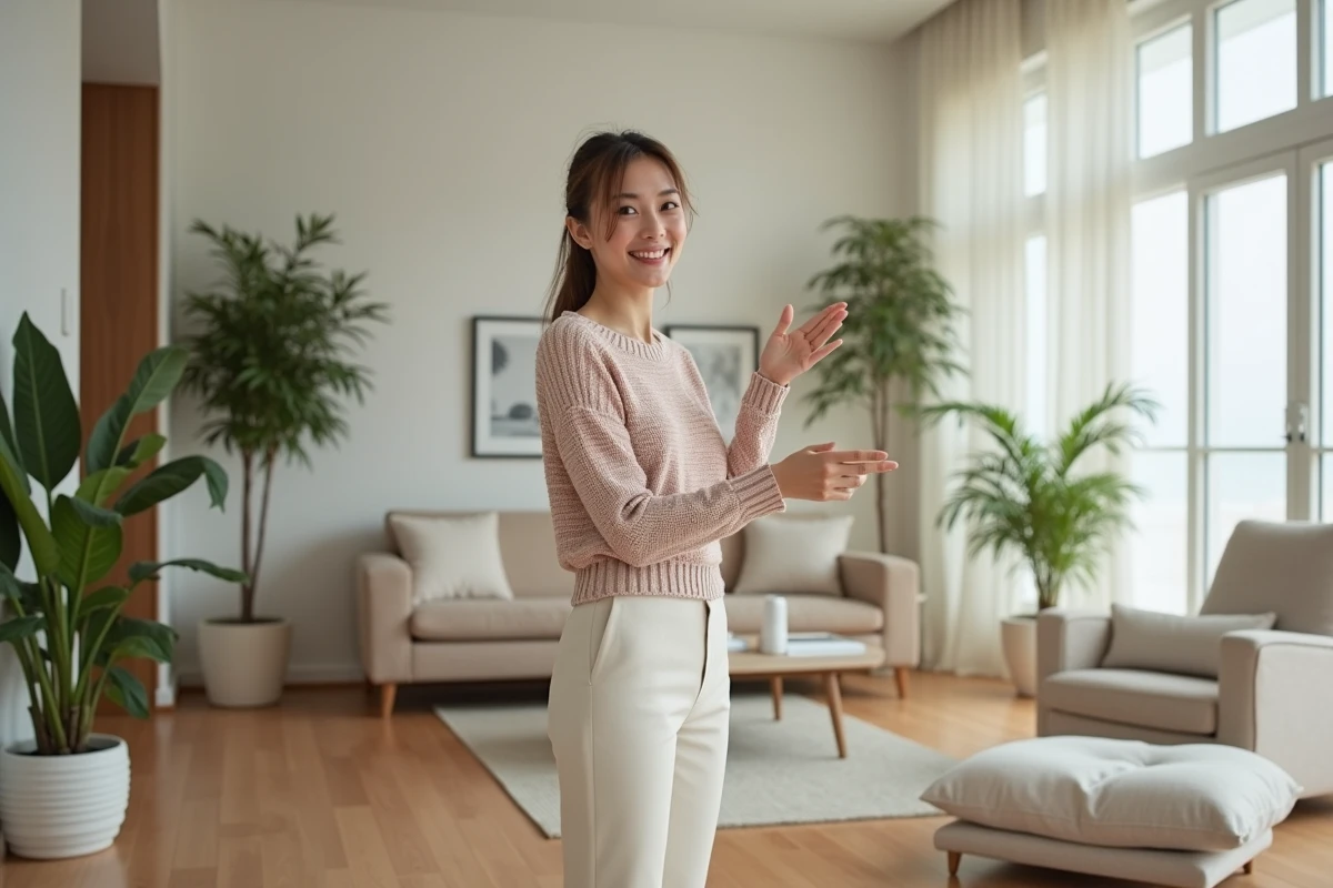 Femme présentant un salon moderne et lumineux
