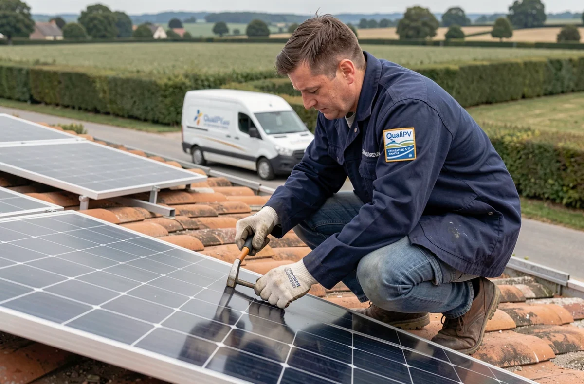 Technicien certifié QualiPV de la SARL CEPY installant des panneaux photovoltaïques à Yzernay