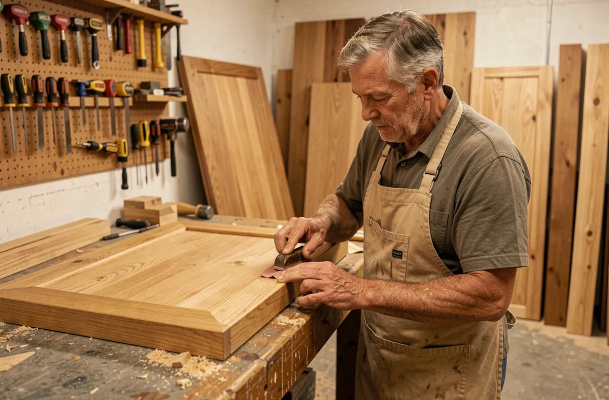 Artisan de SARL FLET ponçant une porte de cuisine en chêne massif dans son atelier de la Somme