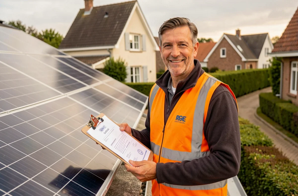 Installateur RGE de la SARL Julien Gris posant devant une installation solaire à Chauché en Vendée