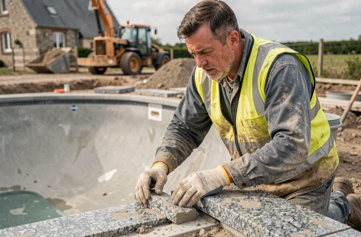 Maçon de la SARL Ribeiro Gomes posant des margelles en granite autour d'une piscine en cours de construction sur un chantier résidentiel breton