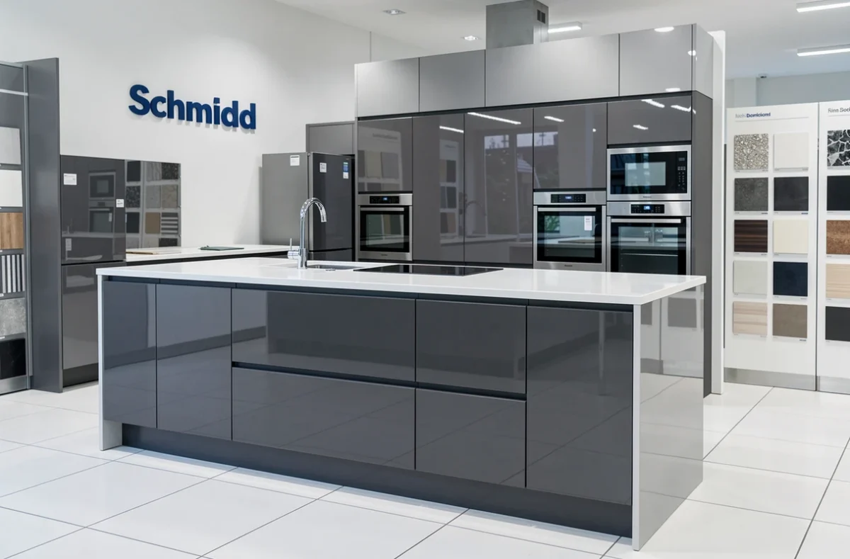 Cuisine Schmidt exposée en showroom avec façades anthracite brillantes et îlot en quartz