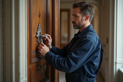 Serrurier professionnel installant une serrure haute sécurité dans une porte ancienne