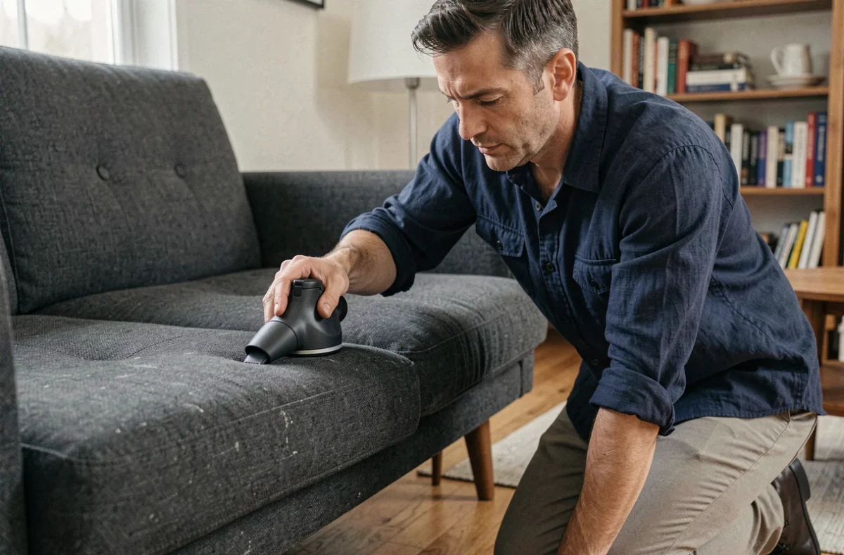 Homme utilisant une shampouineuse compacte pour nettoyer un canapé en tissu, alternative écologique au pressing professionnel