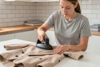 Femme utilisant une shampouineuse professionnelle pour nettoyer un manteau en laine à domicile, en remplacement du pressing
