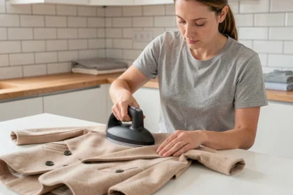Femme utilisant une shampouineuse professionnelle pour nettoyer un manteau en laine à domicile, en remplacement du pressing