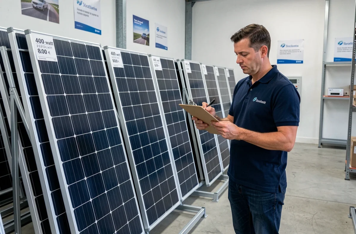 Showroom de panneaux solaires 400 watts avec étiquettes de prix en euros en France