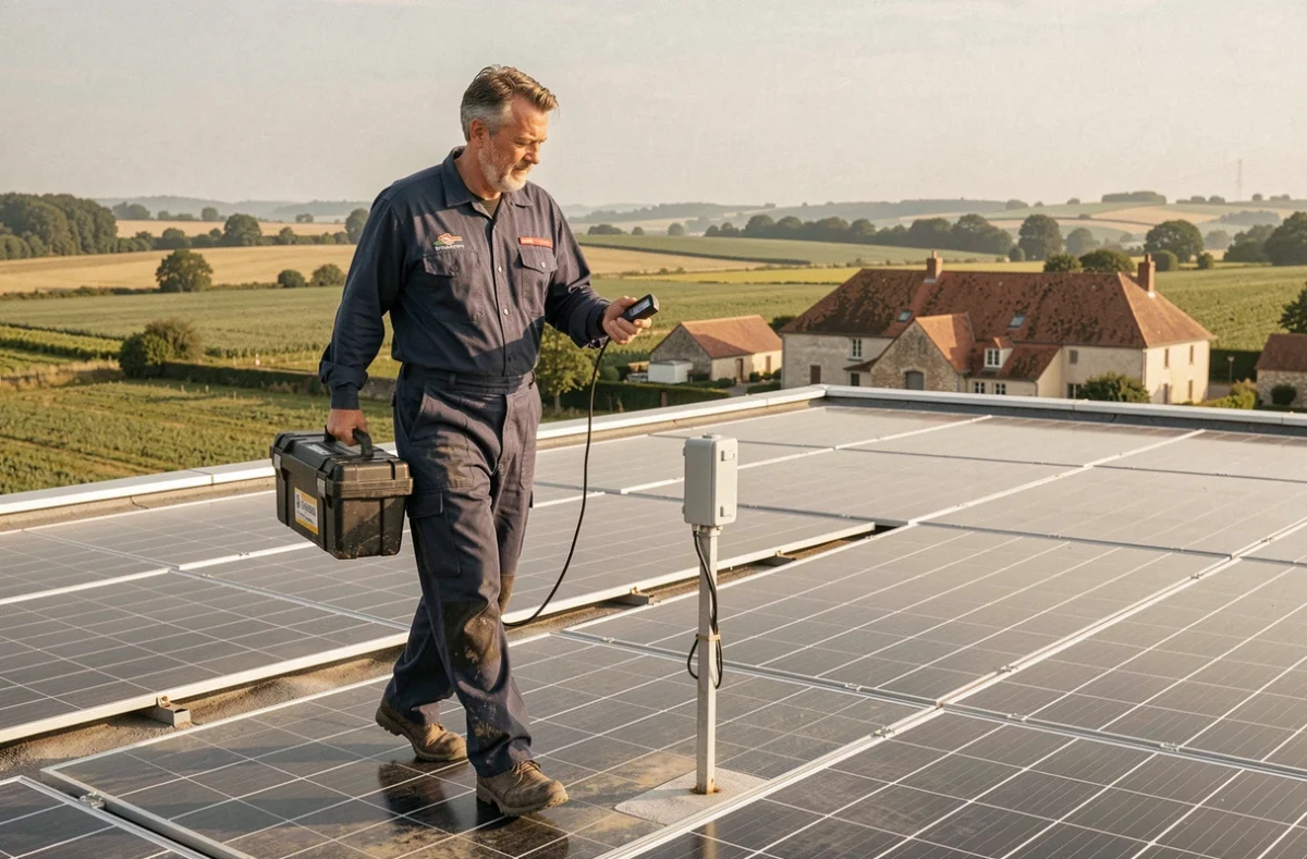 Technicien de la Société Installation Maintenance Énergétique effectuant un contrôle de panneaux solaires à Montilliers