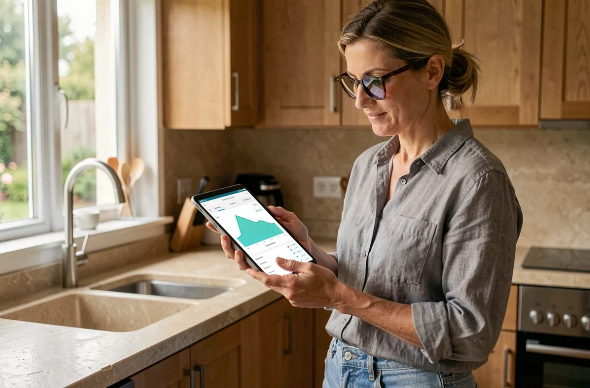 Femme consultant les données de production d'un kit solaire en autoconsommation sur une tablette dans sa cuisine