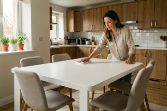 Femme essuyant une table en résine blanche dans une cuisine familiale moderne avec buffets en bois
