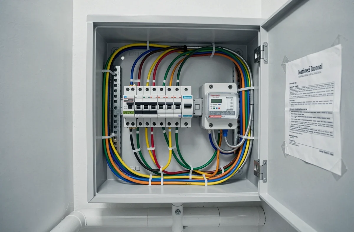 Tableau électrique résidentiel avec compteur bidirectionnel et disjoncteurs pour raccordement solaire au réseau