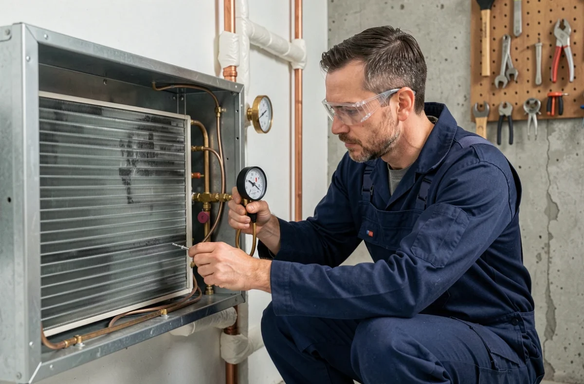 Technicien en combinaison de travail inspectant le circuit frigorifique d'une pompe à chaleur air/air intérieure avec des manomètres