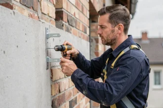 Technicien fixant un support de panneau solaire sur un mur extérieur en béton avec une perceuse