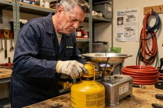 Technicien inspectant un détendeur butane jaune connecté à un réchaud camping dans un atelier de garage professionnel