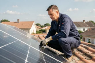 Technicien solaire inspectant un kit solaire en autoconsommation installé sur un toit résidentiel